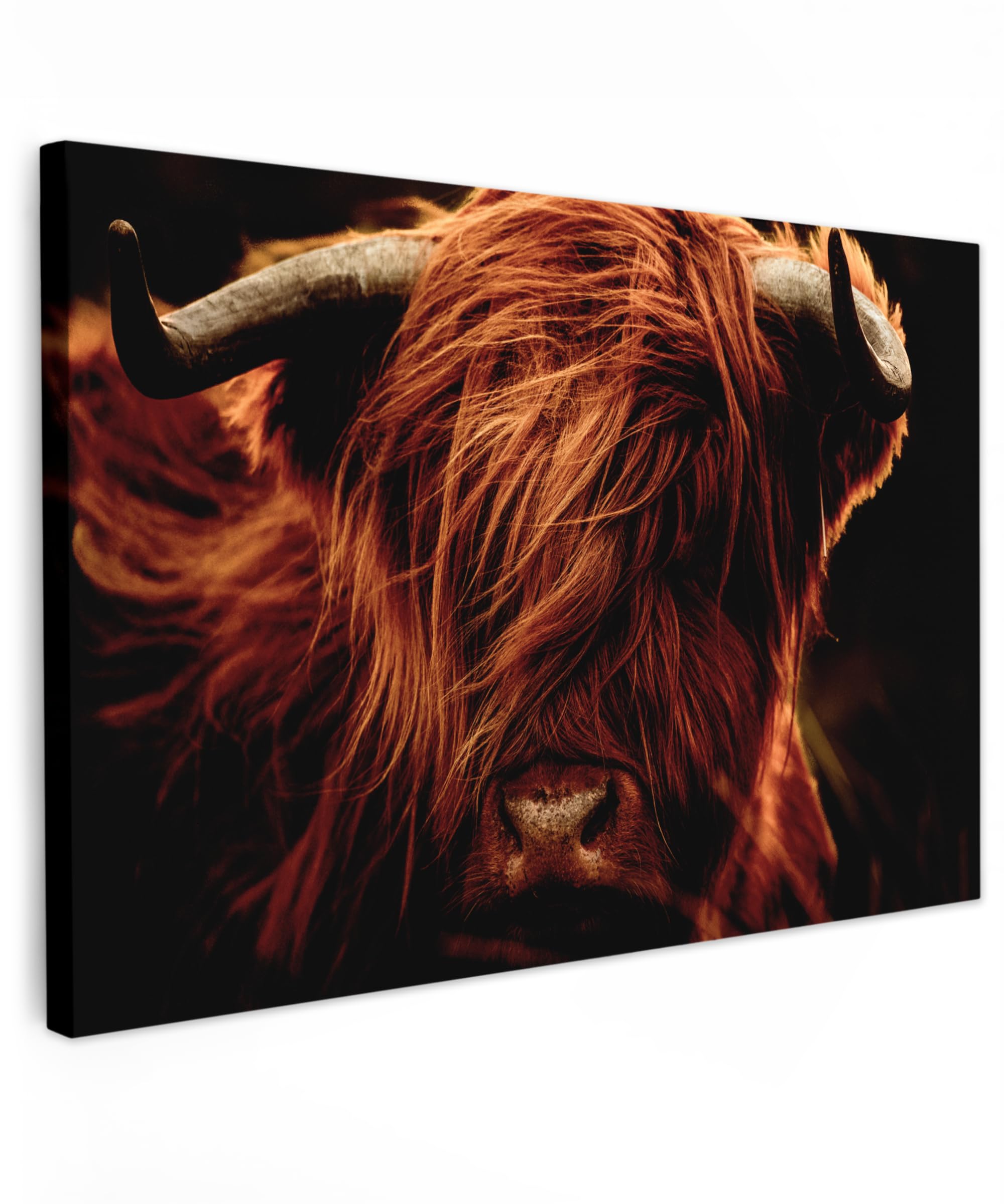 MuchoWow© Leinwand 90x60 cm Deko Schlafzimmer Aesthetic Leinwandbilder Wohnzimmer Gemälde Foto Geschenk Living Room Decoration Schottisches Hochlandrind - Highland Cow - Kuh Bild - Hörner