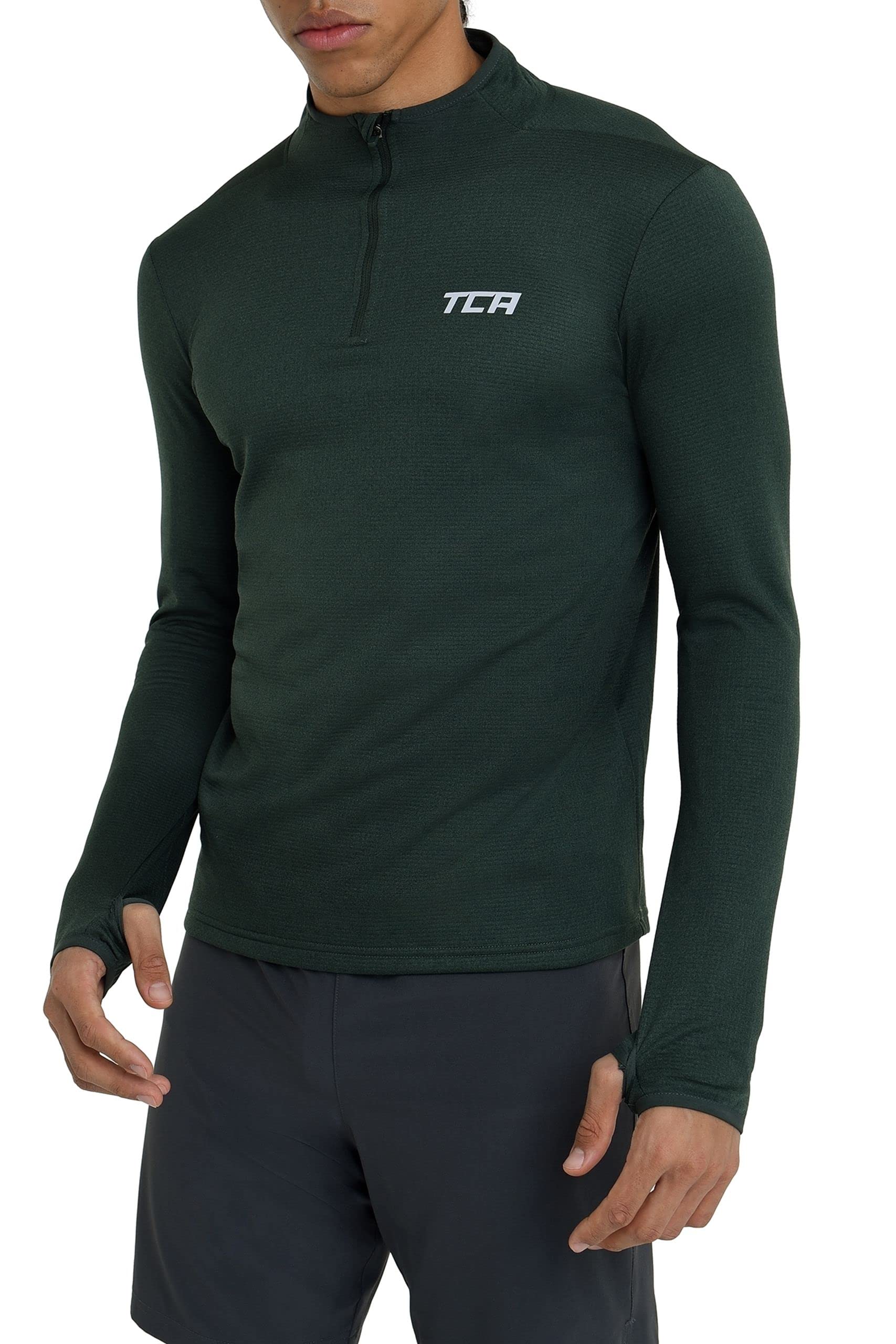 TCA Herren Cloud Fleece mit Brust Reißveschluss - Thermo Sporttop Laufshirt - Dunkelgrün, XXL