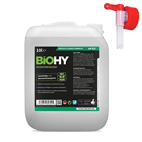 BIOHY Bodenreiniger (10l Kanister) + Auslaufhahn | Konzentrat für alle Reinigungsgeräte und alle Hartböden | Angenehmer Geruch und streifenfreie Reinigung