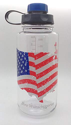 Nalgene Flasche 'Everyday Weithals' - 1 L mit 'capCAP'-Deckel (American Flag, mit Namensgravur, Deckel blau)