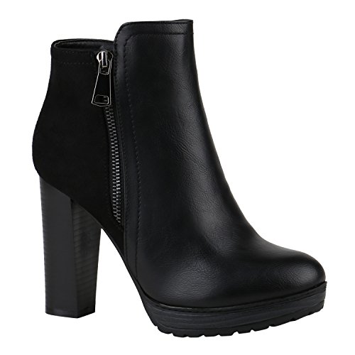 Stiefelparadies Damen Stiefeletten High Heels mit Blockabsatz Profilsohle Flandell, 36 EU, Schwarz Zipper Autol