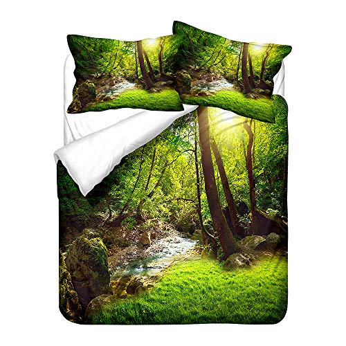 Hiser Bettwäsche-Set 3 Teilig - 3D Grün Regenwald Wald Pflanze Bedrucktes Bettwäsche Set - Mikrofaser Bettbezug und Kissenbezug - Erwachsene Kinder Bettwäsche-Set (Fallen Wald,135x200cm)