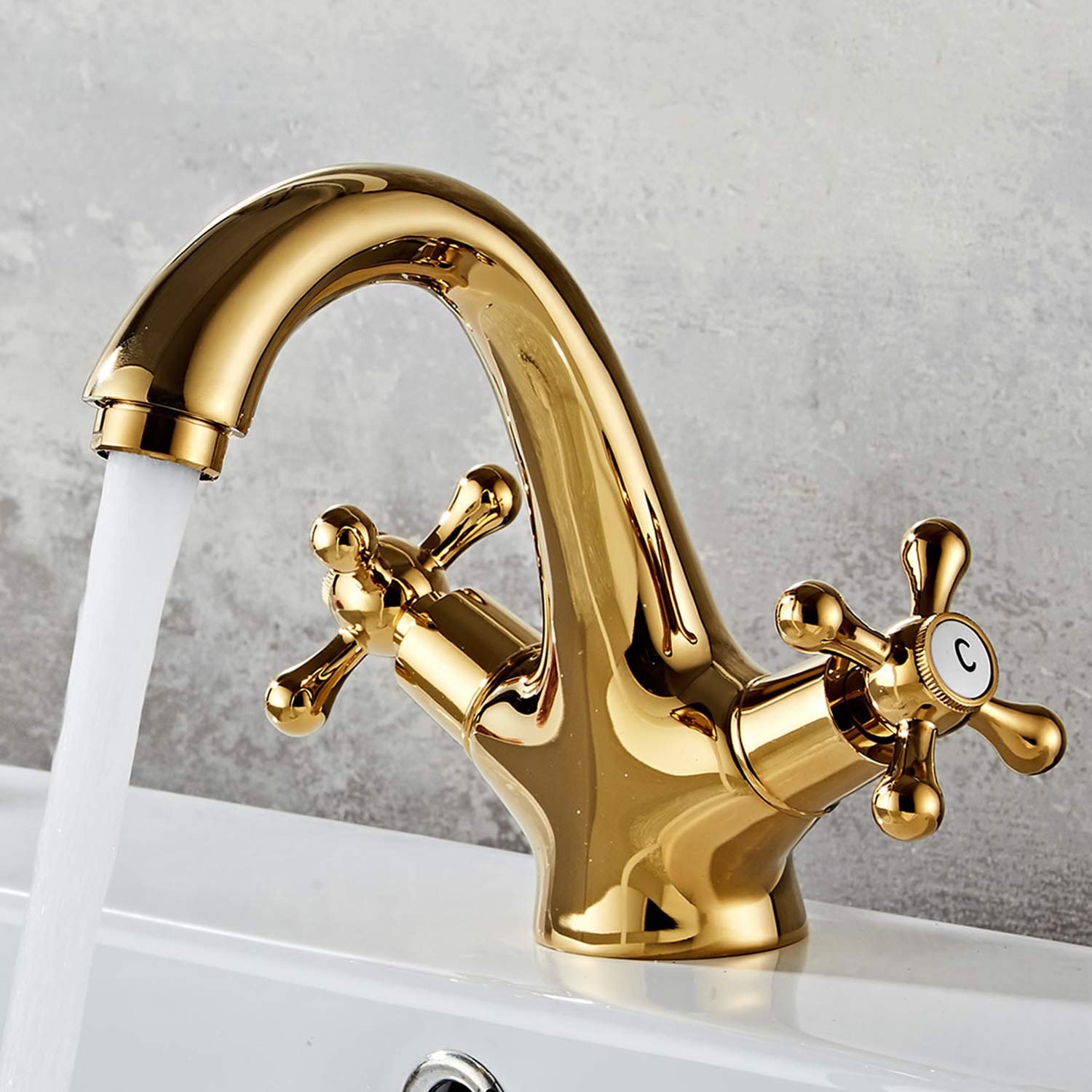 HomeLava Modern Waschtischarmatur Messing Wasserhahn Bad Gold Zweigriff Mischbatterie für Badezimmer Waschbecken mit Kreuzgriff