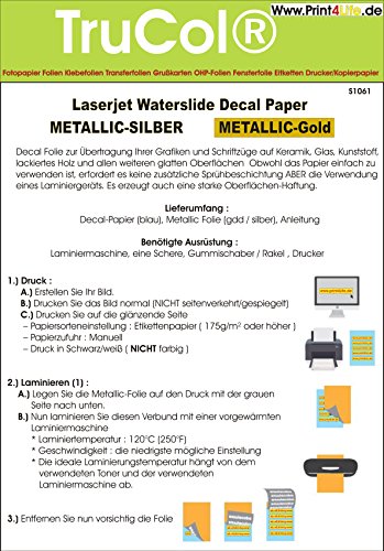 5 Blatt Wasserschiebefolie Decal Papier Transfer Folie DIN A4 Gold für Laserdrucker Kopierer goldene Folie wasserabschiebefolie Transferfolie Transferpapier