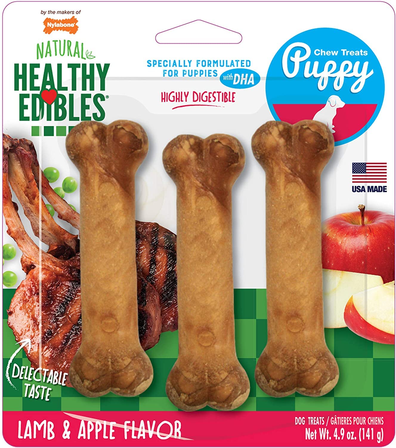 Nylabone Healthy Edibles Lamb & Apple Flavor Puppy Chew Treats 3-Count - 4 Pack