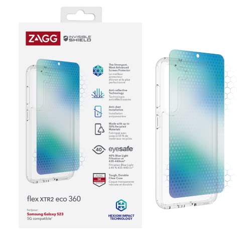 ZAGG InvisibleShield Flex XTR2 ECO 360 Screen Protector Compatible for Samsung Galaxy S23, Shockproof, Strong, Anti-Dust Install, Anti-Reflective, Blue Light Eyesafe, 5G, Eco-Friendly, Clear