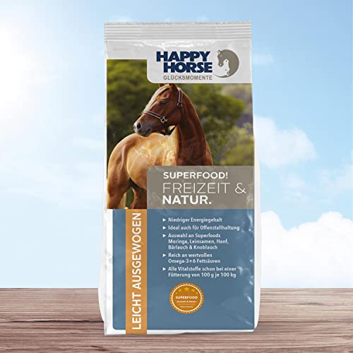 HAPPY HORSE Superfood Freizeit & Natur Pferdefutter 14kg - Optimal abgestimmt auf die Bedürfnisse von Pferden mit geringem Energiebedarf, Offenstall- oder Weidepferde - mit Moringa Superfood