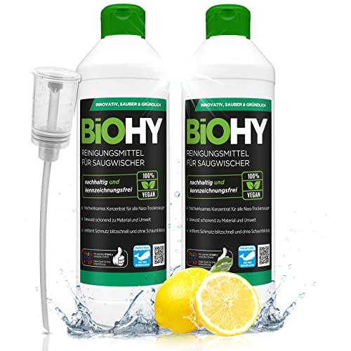 BiOHY Reinigungsmittel für Saugwischer (2x500ml Flasche) + Dosierer | 1:100 Konzentrat für alle Nass-Trockensauger | ideal für Fliesen, PVC, Parkett, Laminat & Teppich | nachhaltig & ökologisch