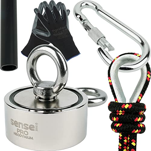 SENSEI Set 2x150=300 kg, Doppelseitiger N52 Neodym-Magnet mit 2 Ösen, Ø6 x H2,7 cm, Segelseil 25 m, Schutzhandschuhe + Zubehör, Set mit Ösenmagnet zum Magnetfischen im Wasser