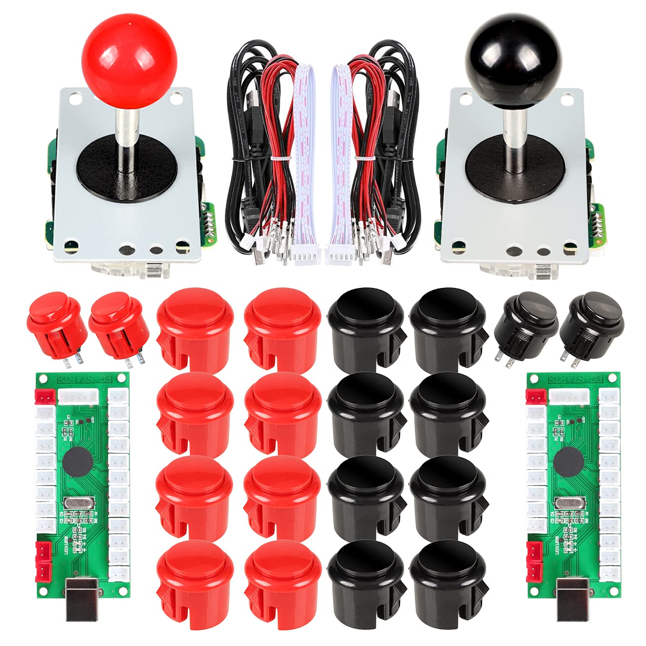 EG STARTS 2 Spieler Arcade Spiel Kit Teil USB Pc Joystick für Mame Spiel DIY Null Verzögerung USB Encoder + 2x 5pin 8 Way Stick + 20 Drucktasten Rot + Schwarz Kits Support Windows & Raspberry Pi