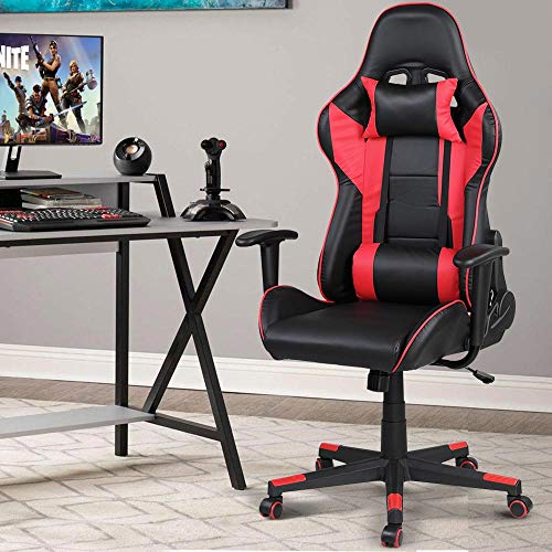 BAKAJI Gaming-Stuhl, Schreibtisch, Büro, Haus, aus Kunstleder, Rückenlehne mit Lendenkissen, Kopfstütze 360 Grad drehbar, Höhe verstellbar, Basis 5 Räder (rot und schwarz)