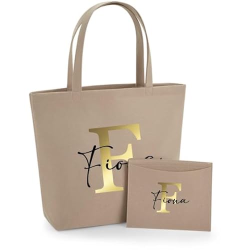 AWASG Filztasche Damen-Tasche mit kleinem Etui - Bedruckt und Personalisiert mit Buchstabe Monogramm Name - Shopper Geschenk für Sie (sand)