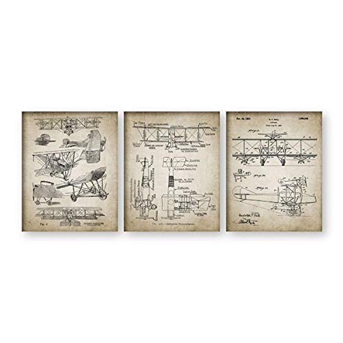 Yimesoy Vintage Doppeldecker Flugzeuge Patent Blueprint Poster Und Print Aviation 3 Stück Wandbilder Leinwand Malerei Für Wohnzimmer Home Decor 24"X32"X3Pcs