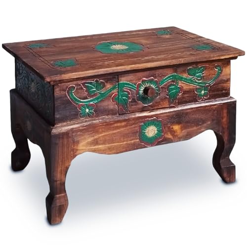 livasia Opiumtisch mit Schublade, Beistelltisch, Couchtisch, Nachttisch, Holztisch aus Bali, Handarbeit, 59x39cm (Braun)