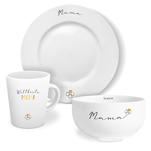 mintkind® Geschirr Set Weltbeste Mama: Kaffeetasse mit Teller und Schale - in weiß mit Echtgold-Dekor - Tolle Geschenke für Mama von Tochter und Sohn