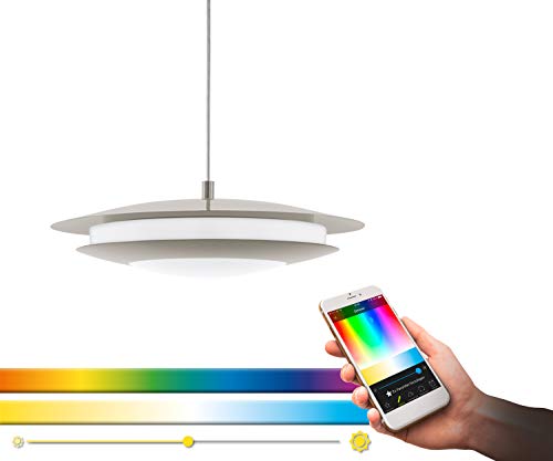 EGLO connect LED Pendelleuchte Moneva-C, 1 flammige Hängelampe, Hängeleuchte aus Stahl und Kunststoff in Nickel-Matt, Weiß mit Farbtemperaturwechsel (warm, neutral, kalt), RGB, dimmbar, Ø 40,5 cm