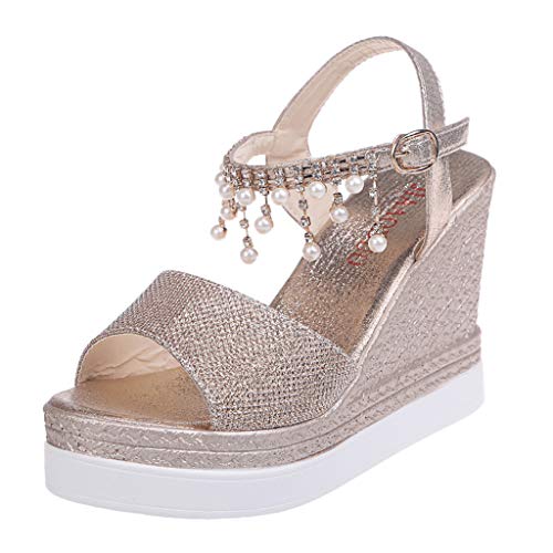 Sandalen Frauen Mode Wedges Plattformen Crystal Pearl High Heels Schuhe (37,Gold)