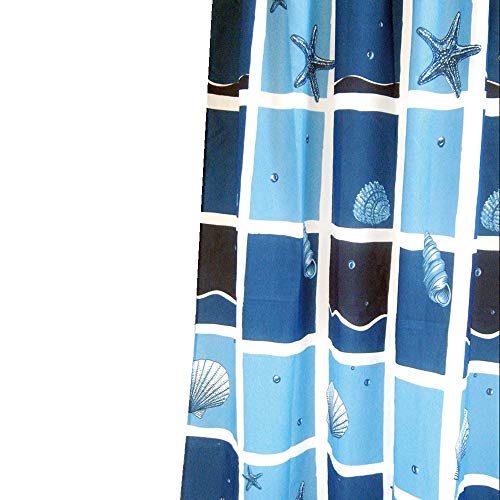 Gariella Duschvorhang für Duschvorhangstange in Meeres-blau mit Seestern und Muscheln Meer Motiv schwarz weiß blau