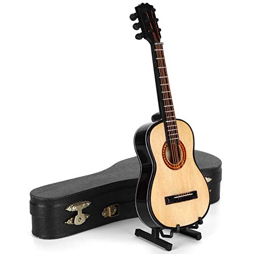 Klassisches Gitarrenmodell, Miniatur-Miniaturgitarren-Musikinstrumentenornamente aus Holz mit Ständer/Gitarrenkoffer, für Puppenhausmodell-Geburtstagsgeschenk-Heimdekoration (8 "x 2,4" x 1,8 ")