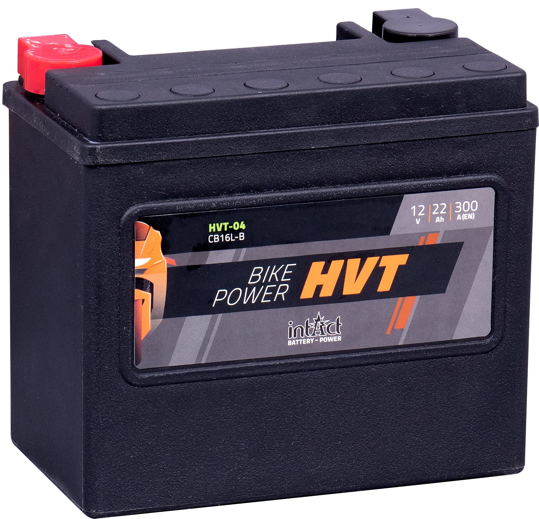 intAct - HVT MOTORRADBATTERIE | Batterie für Roller, Motorrad, Rasentraktor. Wartungsfreier & auslaufsicherer Akku. | HVT-04, CB16L-B, 65989-90B, 12V Batterie, 22 AH (c20), 300 A (EN) | Maße: 176x101x156mm