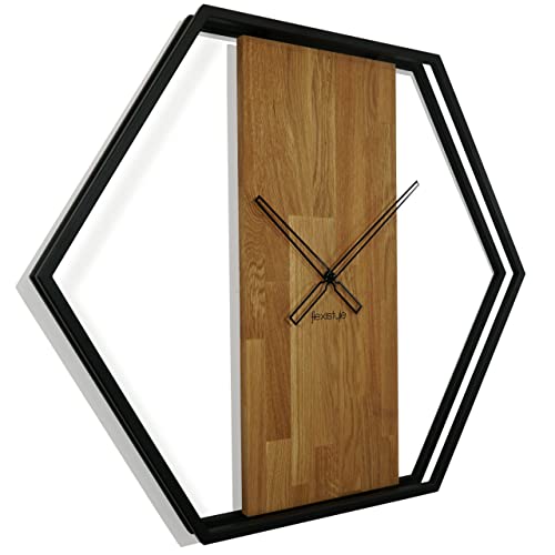 Wanduhr groß XXL Hexagon Holz Eiche LOFT schwarz Industrial modern 80cm Durchmesser ohne Ticken