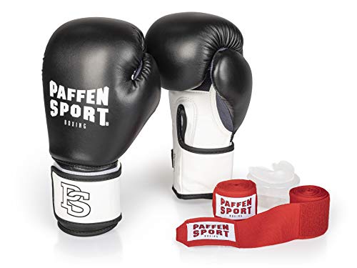 PAFFEN SPORT «Starter» Box-Bundle, «FIT» Boxhandschuhe, schwarz/weiß, 12UZ.; «Allround» Bandage rot, 3,5 m; «Allround» Zahnschutz, transparent, ohne Mint
