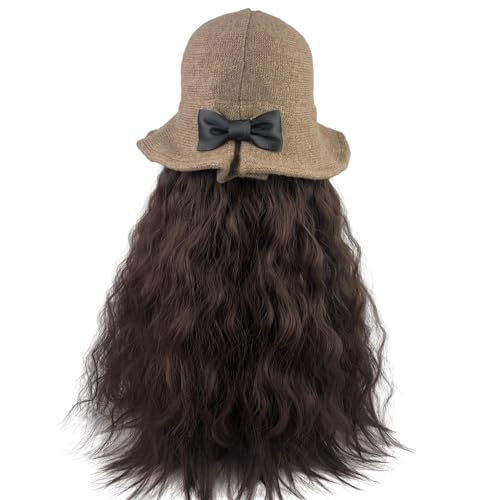 Fischerhut aus Lammwolle mit lockigen synthetischen Haarverlängerungen Perücken Damenhüte mit lebensechtem Haar (Color : 6#, Size : One size)