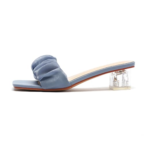 NEOFEN Damen-Sandalen mit quadratischem offenem Zehenbereich, niedriger Block, Sandale mit klobigem Absatz, zum Hineinschlüpfen, bequeme, lässige Kleid-Pumps-Schuhe (Color : Blue, Size : 34 EU)