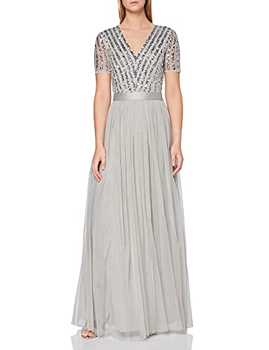 Maya Deluxe Women's Soft Grey Stripe Embellished Maxi with Sash Belt Bridesmaid Dress, 40