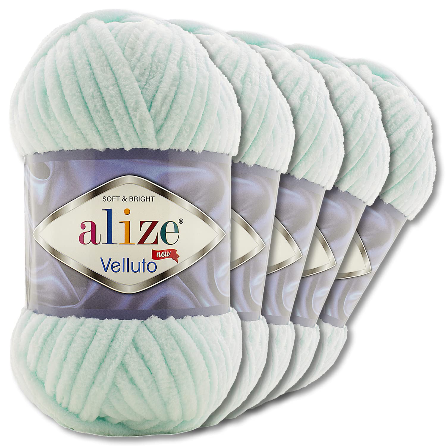 Wohnkult Alize 5x100 g Velluto Premium Wolle 30 Auswahl Chenillegarn Samtwolle Amigurumi Decken Accessore Kleidung DIY (15 | Mint)