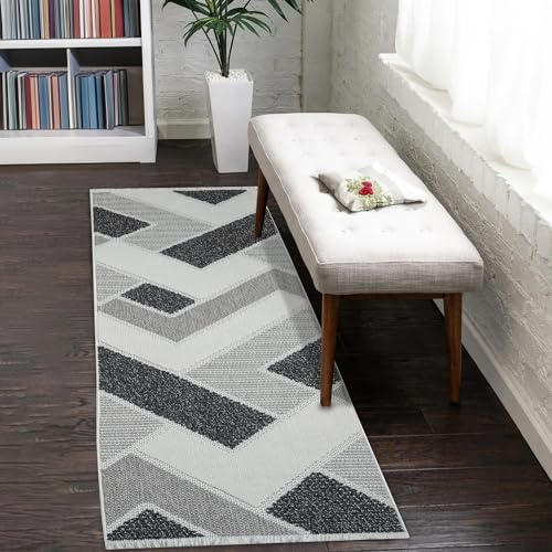 payé Teppich Läufer - 80x300cm - Grau Anthrazit - Boho-Style mit Fransen - Geometrische Muster - Flachflor Wohnteppich Schlafzimmer Deko