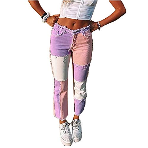 Hoch Taillierte Patchwork-Jeans Für Damen In Übergröße, Patch Flare-Jeanshose, Modische, Gerade Hose Und Sexy Vintage-Bleistifthose Für Lebhafte Frauen (Rosa,M)