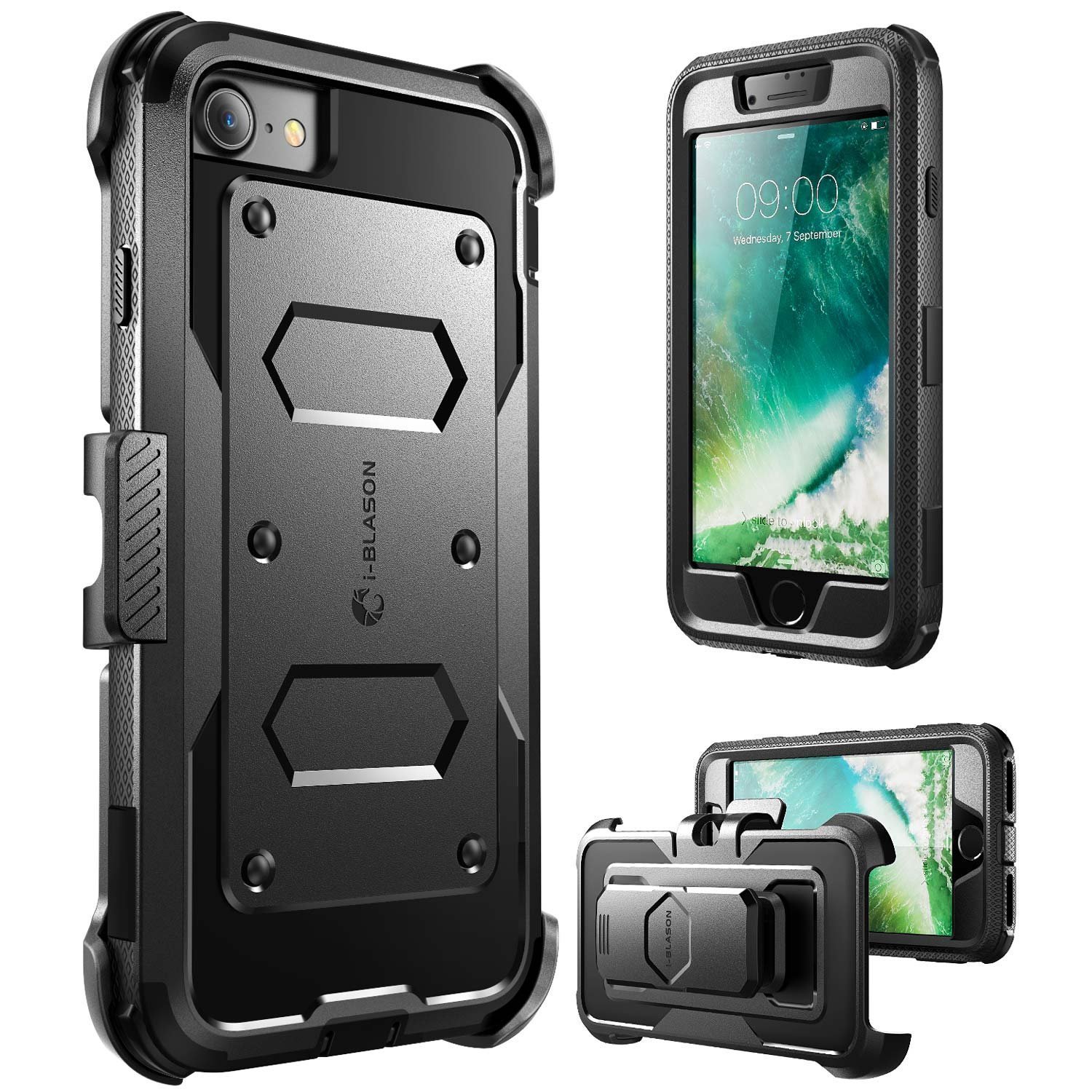 i-Blason Hülle für iPhone SE 2022/2020 (4,7"), Outdoor Handyhülle iPhone 8 iPhone 7 Case 360 Grad Schutzhülle Full Cover [Armorbox] mit Integriert Displayschutz und Gürtelclip, Schwarz