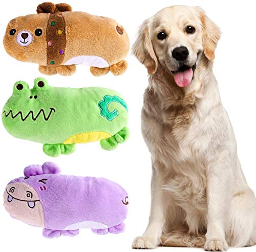 Flyinghedwig Packung mit 3 Kauspielzeug Squeaky für Hunde und Welpen, Modell Nilpferd und Frosch, Hundespielzeug aus Plüsch
