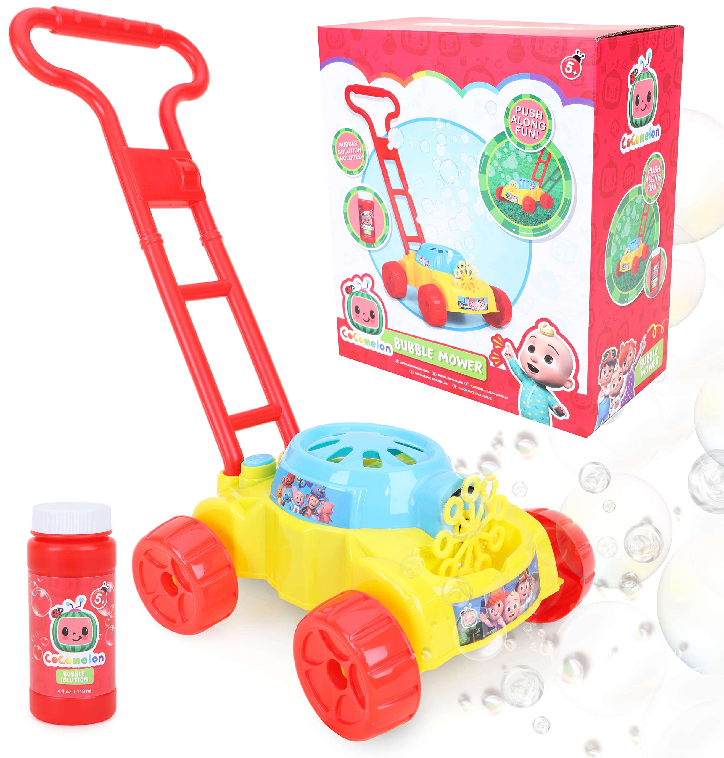 Toyland® Cocomelon Rasen-Bubble-Mäher Schiebe-Spielzeug-Rasenmäher mit Bubble-Maschine - Batteriebetrieben - Outdoor-Spielzeug & Gartenspiel - Bubble Toys