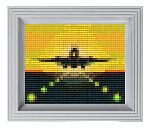 Pixel P31212 Mosaik Geschenkverpackung Flugzeuglandung, Pixelbild mit Rahmen, kinderleichtes Stecksystem, ohne Bügeln und Kleben, Steinchen aus Biokunststoff