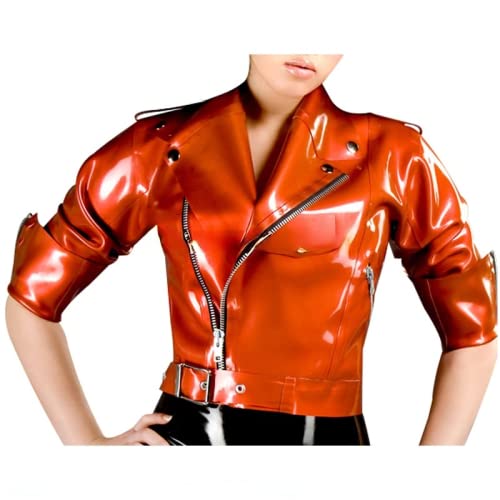 Rubber Coat Half Sleeves Zipper Front Uniform Clothing Top Kleidung Latex Biker   Tunika Jacke,S,metallic Bronze