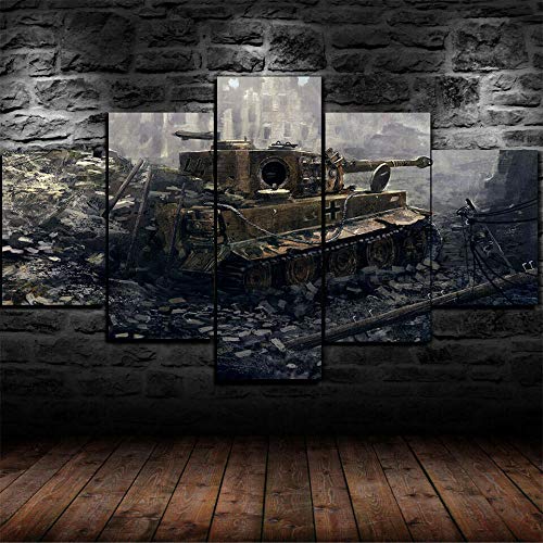 GSDFSD Wandbild Wohnzimmer Modern 150x80 cm Format Kunstdruck zur Selbstmontage Leinwandbilder Moderne Bilder Wanddekoration 5 Teilig Panzer aus dem 2. Weltkrieg
