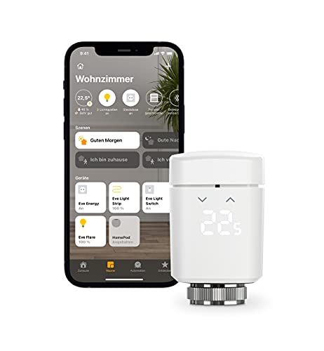 Eve Thermo - Smartes Heizkörperthermostat mit LED-Display, automatischer Temperatursteuerung, keine Bridge erforderlich, integriertes Touch-Bedienfeld, BLE, Apple HomeKit, Made in Germany