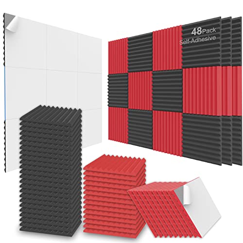 JBER 48 Stück Akustikschaumstoffplatten, 2,5 x 30 x 30 cm, Studio Schallschutzkeile, feuerbeständig, schalldichte Polsterung, Akustikbehandlung, Schaumstoff – Schwarz und Rot