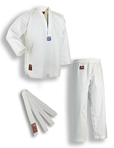 Ju-Sports Taekwondo Anzug Chagi Weiß 130 I Dobok Taekwondo für Kinder & Erwachsene I Taekwondo Kimono in Ripp-Optik inkl. weißem Gürtel I Hose mit Kickzwickel I 100% Baumwolle