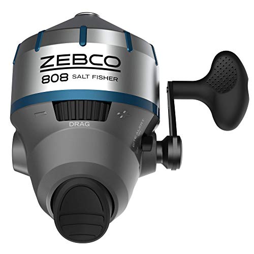 Zebco 808 Salzwasser Spincast Angelrolle, Edelstahlspulenabdeckung mit ABS-Einsatz, Quickset Anti-Reverse- und Bisswarnung, vorgespult mit 9,1 kg Cajun-Angelschnur, Größe 80, Silber
