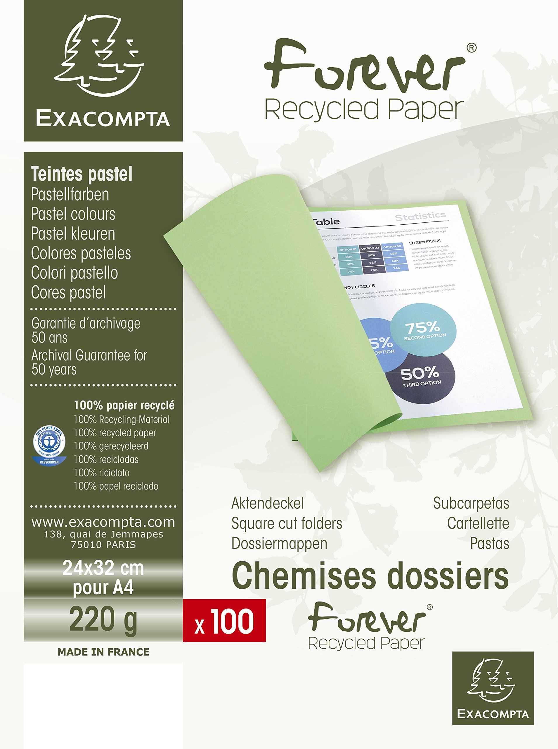 Exacompta 410020E Packung (mit 100 Aktendeckeln Forever, aus Recycling Karton 250 g, DIN A4, 21 x 29,7 cm) fuchsia