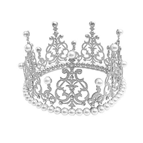 BESTONZON Crown Cake Topper Dekoration mit Strass und Perlen im Vintage-Stil Royal Mittelstück Stirnband Krone für Party Hochzeit (Silber)