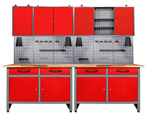 Ondis24 Werkstatteinrichtung rot 7-teilig Werkbank Werkzeugschrank Werkzeugwand/Lochwand mit Haken + 2X LED Lampe