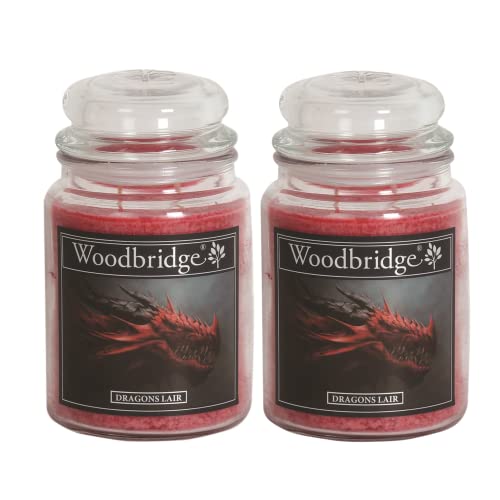 Woodbridge Duftkerze im Glas mit Deckel | 2er Set Dragons Lair | Duftkerze Fruchtig | Kerzen Lange Brenndauer (130h) | Duftkerze groß | Kerzen Rot (565g)