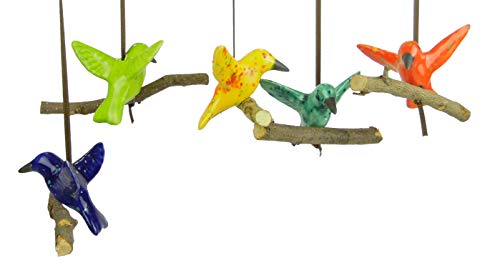kleiner fliegender Keramik Vogel sitzend auf Holz-Ast zum aufhängen mit Band, Größe 5cm - sehr dekorativ - Hochzeitsgeschenk - Geschenk- Wanddekoration - Mobile (Bundle 5 Stück)