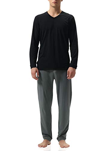 DAVID ARCHY Herren Baumwolle Schlafanzug Zweiteiliger Nachtwäsche Langarm Shirt und Loungehose mit V Ausschnitt Flauschig 1er Pack