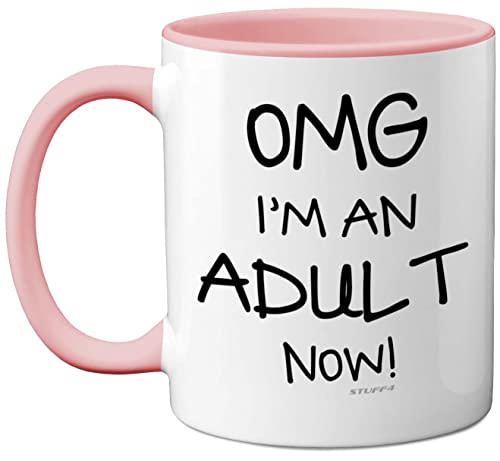 Stuff4 Tasse zum 18. Geburtstag für Mädchen oder Jungen – OMG I'm an Adult Tasse, lustiges Geschenk für Erwachsene, Sohn oder Tochter, zum 18. Geburtstag, rosa Henkel, tolles Geschenk für 18 Jahre