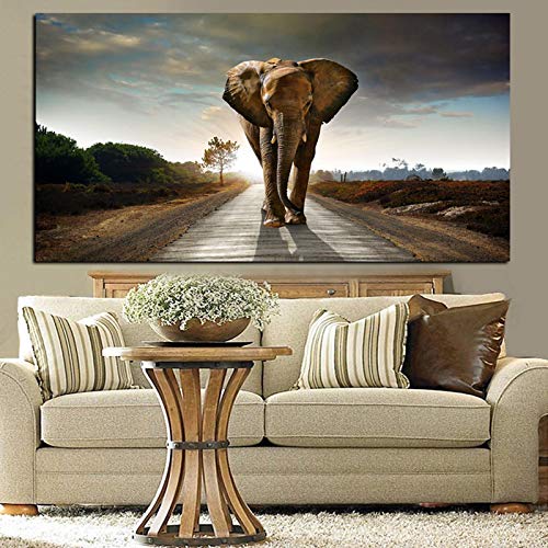 Malerei auf Leinwand Afrika Elefant Wildtier Landschaft Kunst Poster und Drucke Wandkunst Bild für Wohnzimmer Dekor 50x100cm(20x39in) mit Rahmen